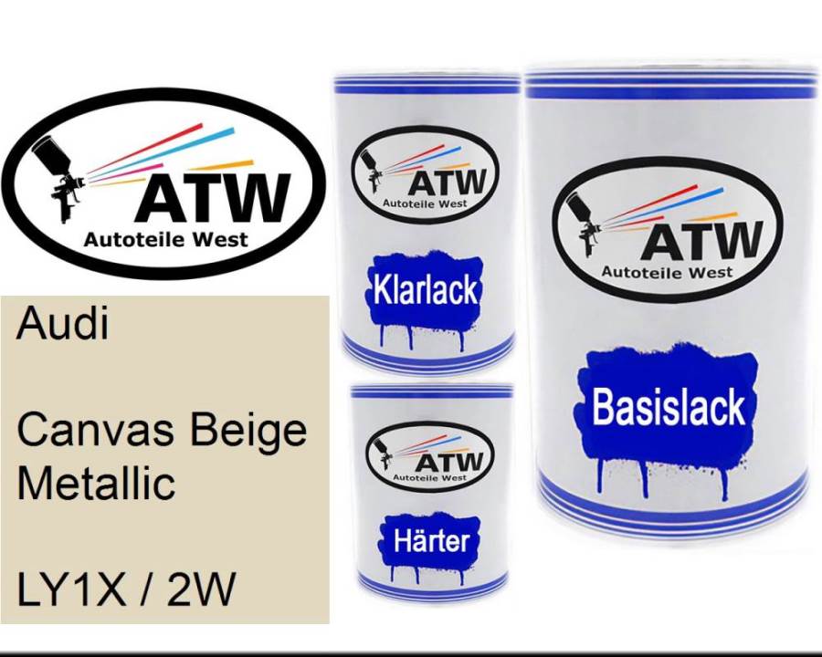 Audi, Canvas Beige Metallic, LY1X / 2W: 500ml Lackdose + 500ml Klarlack + 250ml Härter - Set, von ATW Autoteile West.